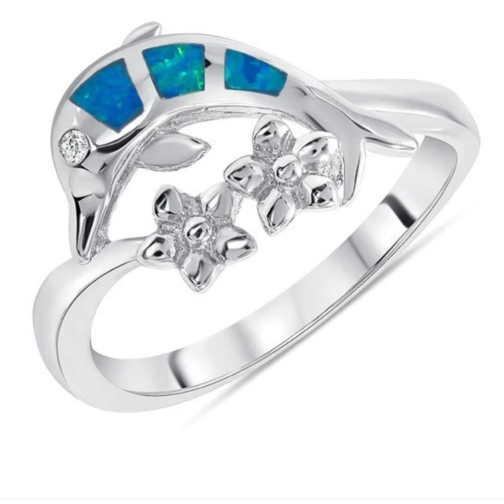 Silver 925 Rhodium Plated Ladies Dolphin Opal Ring